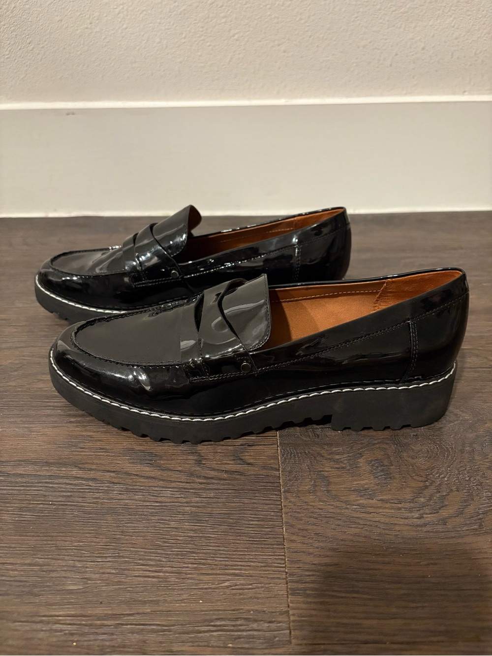 Franco Sarto Black Patent Leather Platform Penny Loafers